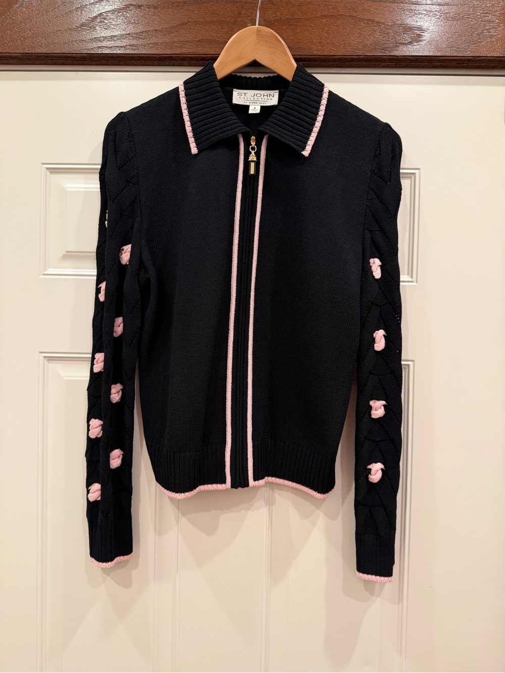 St. John Santana Black Knit Zip Cardigan with Pink Rosette Chevron Cable Sleeve